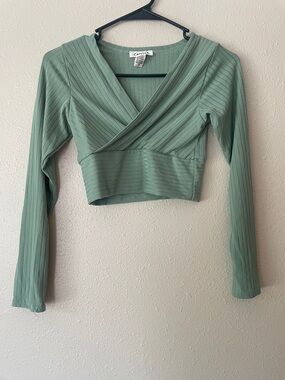 Capella Sage Green Ribbed Wrap-Front Crop Top